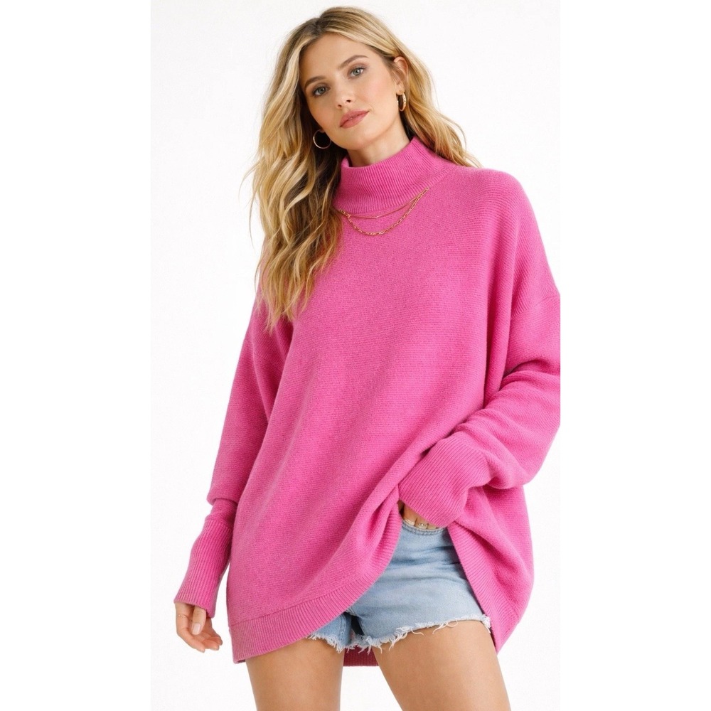 Free People Ottoman Tunic Women Small Pink Slouchy Ribbed‎ Mock Neck Excellent